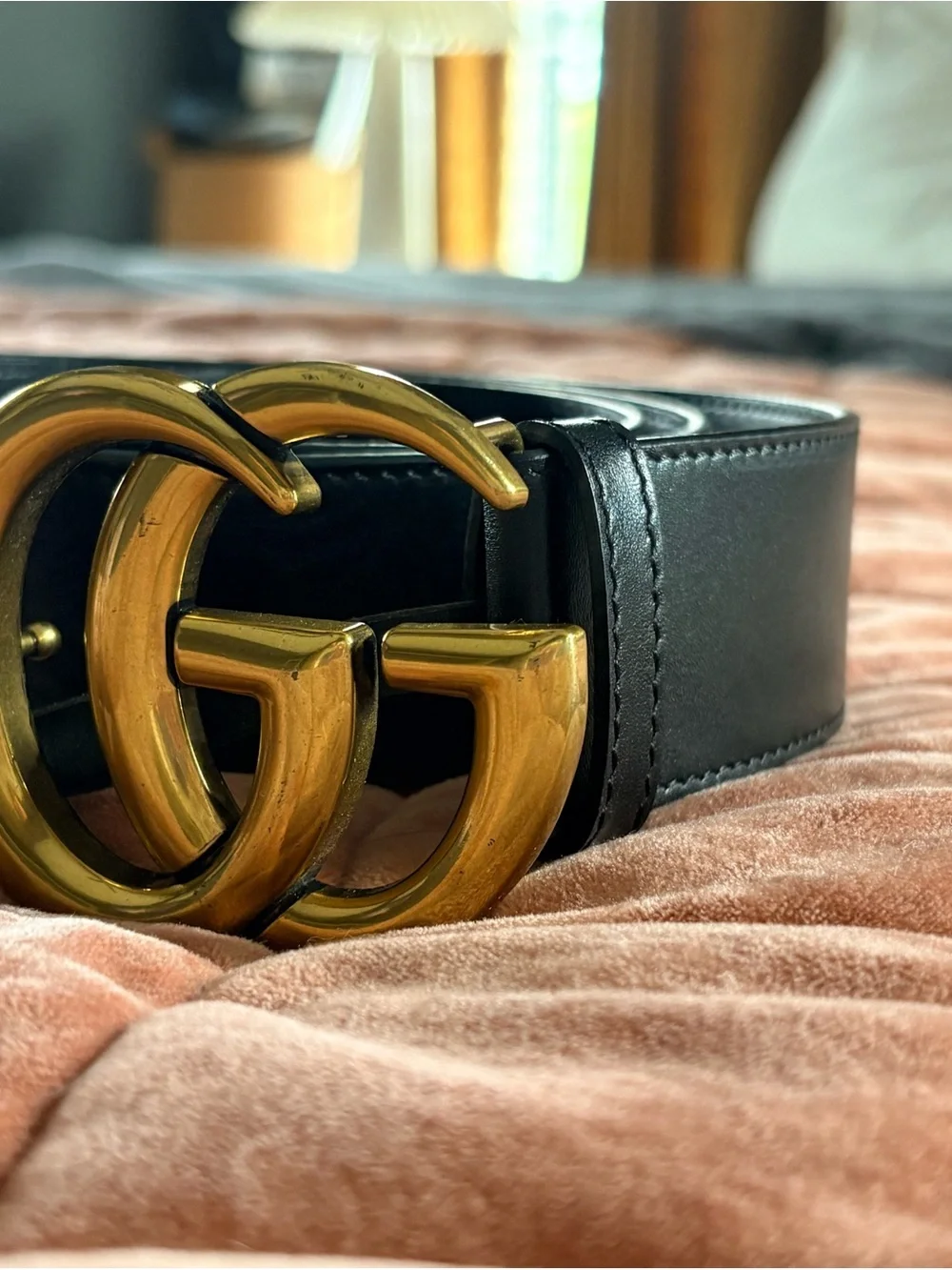Black Leather Belt with Gold Double-G Style Buckle